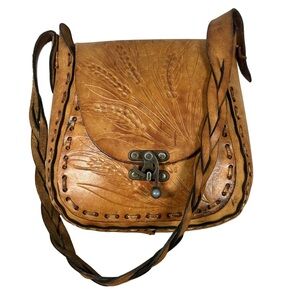 Handcrafted Tan Leather Shoulder Bag vintage western tooled wheat crossbody